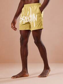 SUMWON Quần bơi nam màu vàng mù tạt in họa tiết và logo chữ viết tay, thích hợp cho kỳ nghỉ hè, đi hồ bơi. - Màu vàng - Xem 3