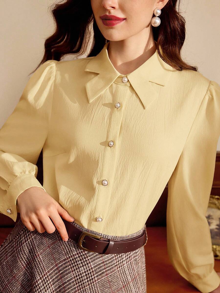 Vintamour 复古优雅女士衬衫领蝴蝶结仿珍珠纽扣休闲度假上衣教师款女士秋季女士度假娃娃衫外出上衣女士冬季女士商务休闲女士办公室女士白色女士秋季女士乡村音乐会圣诞节教堂女士秋季女士秋季上衣老钱风格女士可爱上衣优雅 - 杏色 - 查看 1