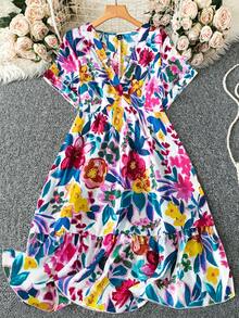 SHEIN LUNE 大码女式碎花V领短袖休闲连衣裙 - 彩色 - 查看 1