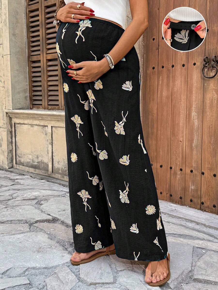 SHEIN 孕妇可调节腰围刺绣休闲裤 - 黑色 - 查看 1