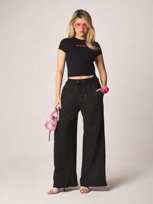 Missguided x Playboy Quần jogger ống rộng dáng suông, có dây rút và chun ở eo, thích hợp mặc hàng ngày và ở nhà. - màu đen - Xem 2