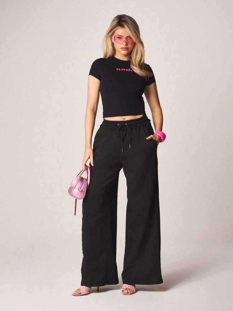 Missguided x Playboy Pantalon de jogging ample décontracté avec cordon de serrage et taille élastique, coupe ample pour le confort quotidien et le loungewear