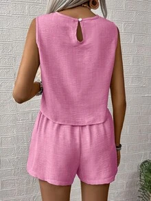 EMERY ROSE Women's Casual Solid Color Round Neck Tank Top And Shorts 2 Pieces Set, Summer - Pink - View 2
