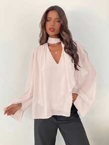 Aloruh Women's Elegant Commuter Chiffon Deep V-Neck Tie Long Sleeve Blouse - Baby Pink - View 5
