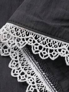 DAZY 少女圆领蕾丝边单排扣无袖上衣搭配阔腿裤休闲套装 - 灰色 - 查看 7