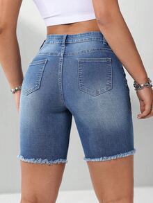 Flexra Women's Pocket Distressed Frayed Hem Skinny Casual Denim Shorts - Medium Wash - View 2