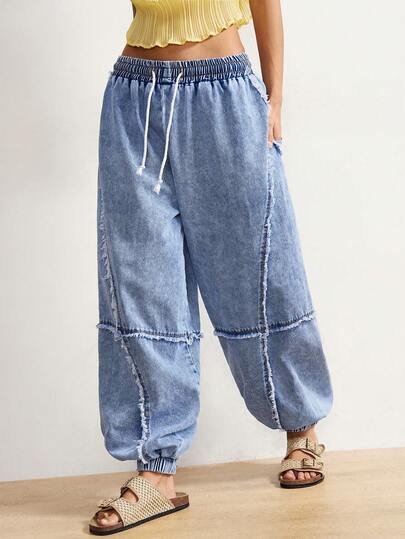 Bohemela Women's Casual Everyday Commute Fashion Street Chic Drawstring Waist Frayed Hem Loose Tapered Leg Jeans