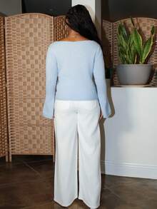 Steph T 女士新款优雅休闲日常百搭都市通勤套头针织毛衣，蓝色圆领长喇叭袖，开衩袖口，适合秋冬季，教师装，舒适秋季 - 藍色 - 查看 2