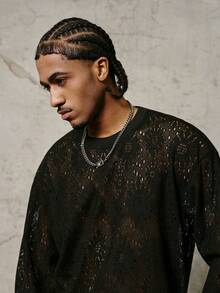 PAVTROS 男士长袖圆领T恤，镂空面料，宽松版型 - 黑色 - 查看 6