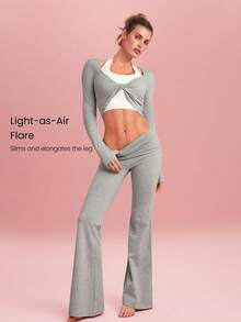 GLOWMODE 31" Softy Velvaire Dare To Flare Super Soft Pleated Foldable Waistband Flare Leggings Yoga Pilates Studio Daily Wear - Grey - View 5