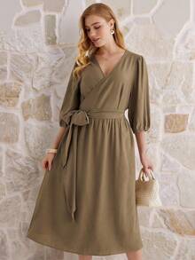 Parysyn 大码梭织优雅秋季女式连衣裙，适合度假和通勤 - 棕色 - 查看 2