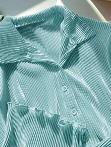 Comfortcana Damen Mintblau Kurze Rüschen Saum Langarm Bluse, Frühling/Sommer - Lichtblau - Übersicht 3