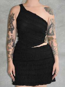 Arliah 性感装扮 - 不对称领口上衣 + 荷叶边迷你裙 - 黑色 - 查看 5