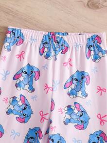 SHEIN 2件套少女针织圆领可爱动物图案休闲T恤和裤子家居服套装 - 淺粉色 - 查看 7