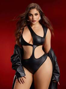 SHEIN Mono con diseño asimétrico de patchwork de PU, lencería de talla grande con encanto en estilo Y2K - Negro - Ver 7