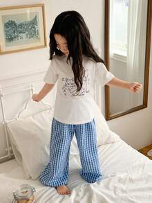 DAZY Young Girl Letter & Cartoon Cat Print Short Sleeve T-Shirt And Plaid Wide Leg Pants Pajamas Set - White - View 4