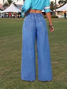 SHEIN PETITE 女士蓝色休闲直筒宽松牛仔裤，带腰带环 - 中等水洗藍 - 查看 2