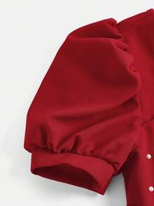 SHEIN Vestido de punto de manga corta con cuello cuadrado, mangas abullonadas, cintura ceñida y cuentas para niñas preadolescentes, vestido rojo para fiesta y uso diario - Rojo - Ver 8