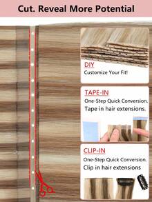 9AM HAIR 蝴蝶结发片，真人发，无胶 OVO PU 孔，手工编织，隐形 DIY 双层发片，直发，1 片装，16 英寸 - S6/18K - 查看 6