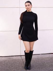 Andrea Bello Vestido Plissado Vermelho de Manga Longa Elegante, Minimalista, Delicado, Romântico, Doce, para Uso Diário, Casamento, Festa, Festival de Música, Férias - Preto - Visão 1