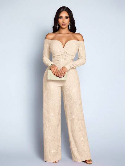 SOLERSUN Women's Fashionable Elegant V-Neck Off Shoulder Long Sleeve Party Night Club Sparkly Fabrics Jumpsuits, Suitable For Christmas Party Valentine's Day Dating