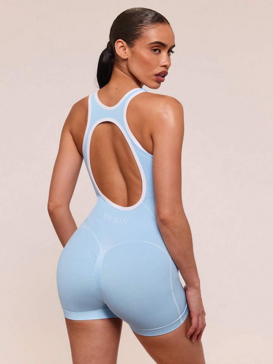 SHEIN BAE Salopă sport fără mâneci, fără spate, cu garnitură în culori contrastante - Albastru - Vizualizare 1