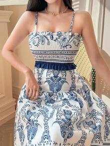 DAZY 女士优雅印花吊带背心和A字裙两件套，夏季婚礼宾客礼服 - 藍色 - 查看 7