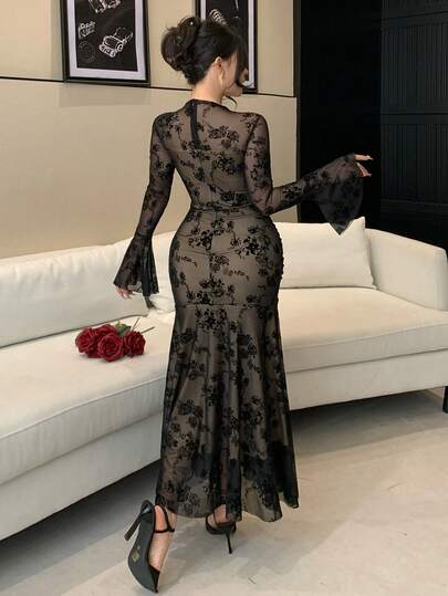 Spring/Summer Black Lace Dress, Elegant For Valentine's Day, Wedding, Party, Formal Occasion, Fashion, Commute, Flare Sleeve, Ruffle Hem, Waist Cinched, Sheer Mesh Long Sleeve Midi Dress For Women Sundress