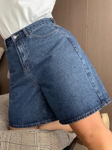 Dazy Plus 深蓝色水洗蝴蝶刺绣贴袋阔腿七分牛仔短裤，春夏款 - 淺色水洗藍 - 查看 3