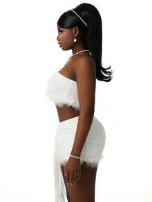 Amplova Conjunto de 2 piezas para mujer, top corto de un hombro de manga larga con textura esponjosa y minifalda ajustada con volantes, todo blanco, ropa de fiesta, otoño, estilo años 70, cumpleaños, Y2K - Blanco - Ver 4