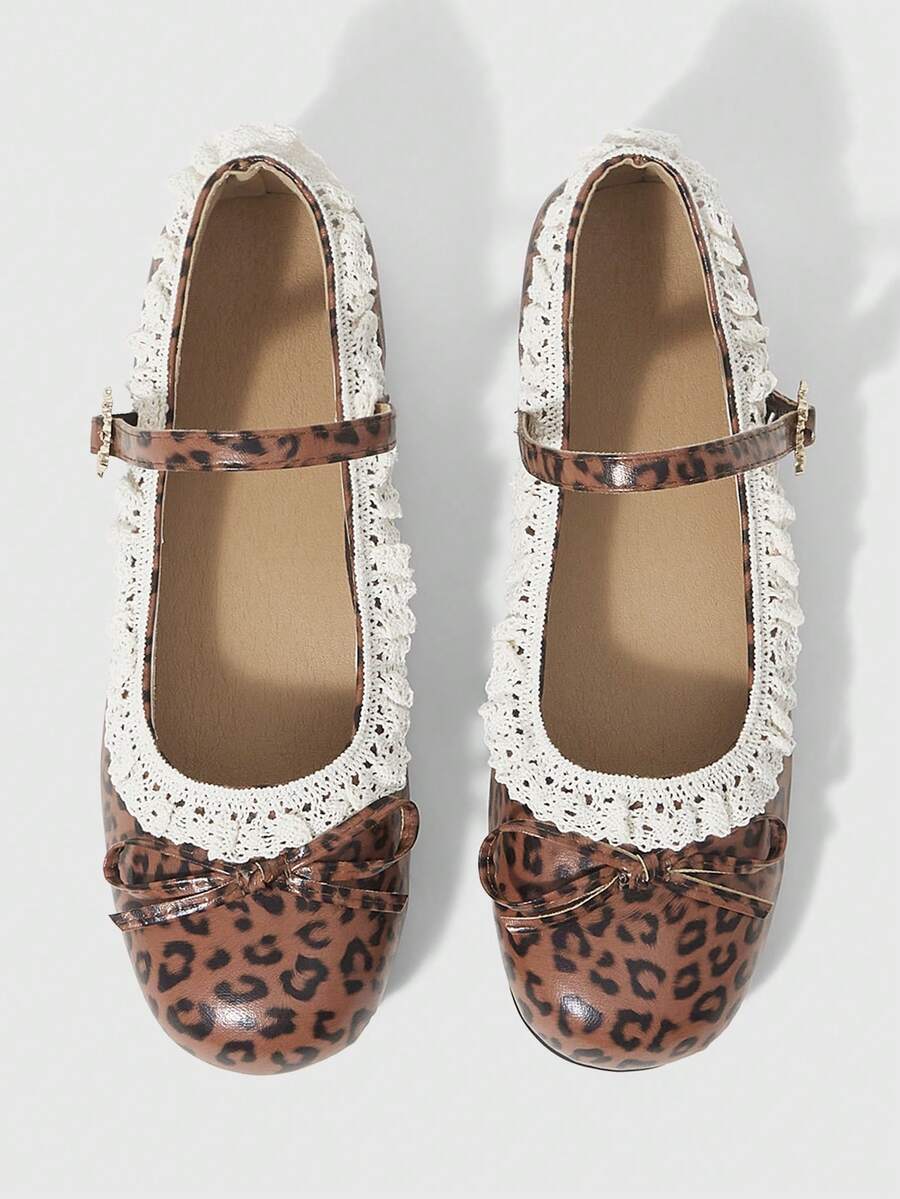 ROMWE Kawaii Bailarinas con decoración de lazo y encaje, de moda y dulces, para Navidad - Estampado de leopardo rojo - Ver 1