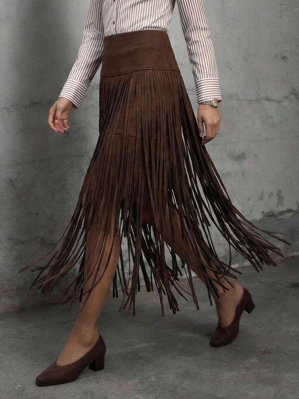 SHEIN Maija Damen Midi-Taille Taillenraffung Fransen Patchwork Design Urban Pendler Business Lässig Elegant Büro Rock, geeignet für Frühling/Sommer, Valentinstag, Boho Urlaub Armee Rock Quasten Rock, Urlaub Sommer Ausgehen Abschluss