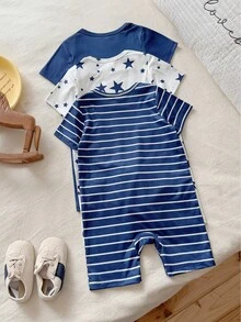 SHEIN Vintaside Kids 3pcs/Set Newborn Baby Boys' Casual Navy Blue Striped & Star Print Rompers, Spring/Summer - Multicolor - View 2
