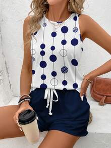 EMERY ROSE 2pcs/Set Plus Size Women's Navy Blue Polka Dot Round Neck Camisole And Shorts Set,Summer Smart Casual Holiday Two Pieces Outfits Sleeveless Top Set - Multicolor - View 5