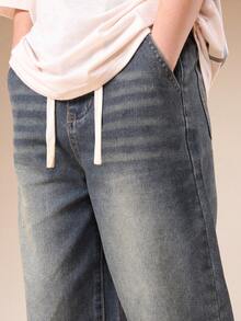 SUMWON 男童复古水洗阔腿牛仔裤，抽绳腰带，宽松版型，休闲街头风度假裤 - 藍色 - 查看 5