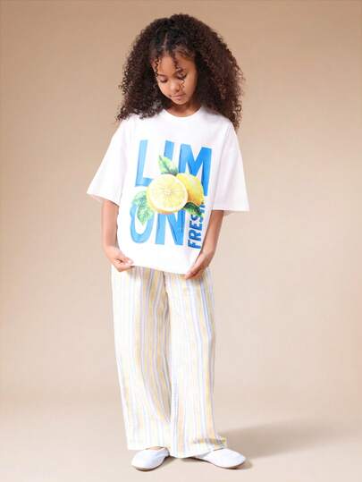 SUMWON 青少年超大印花T恤和条纹阔腿裤套装，柠檬清新夏季休闲短袖两件套