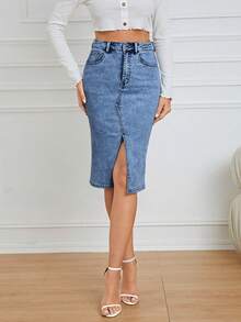 Selianne Chân váy ngắn denim xẻ tà thời trang dành cho nữ, thích hợp cho mùa hè. - Rửa trung bình - Xem 3