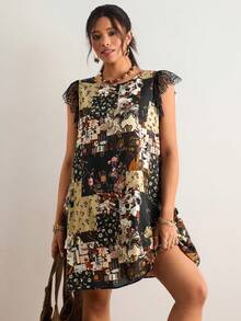 Freevana 大码夏季休闲撞色蕾丝连衣裙 女式碎花连衣裙 复古女装 乡村蕾丝波西米亚风女装 夏季度假装 海滩度假装 - 黑色 - 查看 5