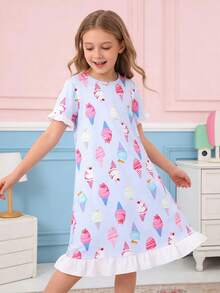 Girls Cute Style Light Blue Ice Cream Pattern Short Sleeve Ruffle A-Line Nightgown - Baby Blue - View 8