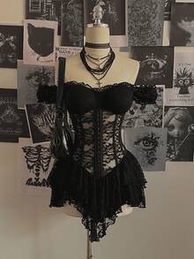 Attitoon 女士休闲复古束身蕾丝紧身不对称下摆迷你连衣裙，适合Y2K风格 - 黑色 - 查看 3