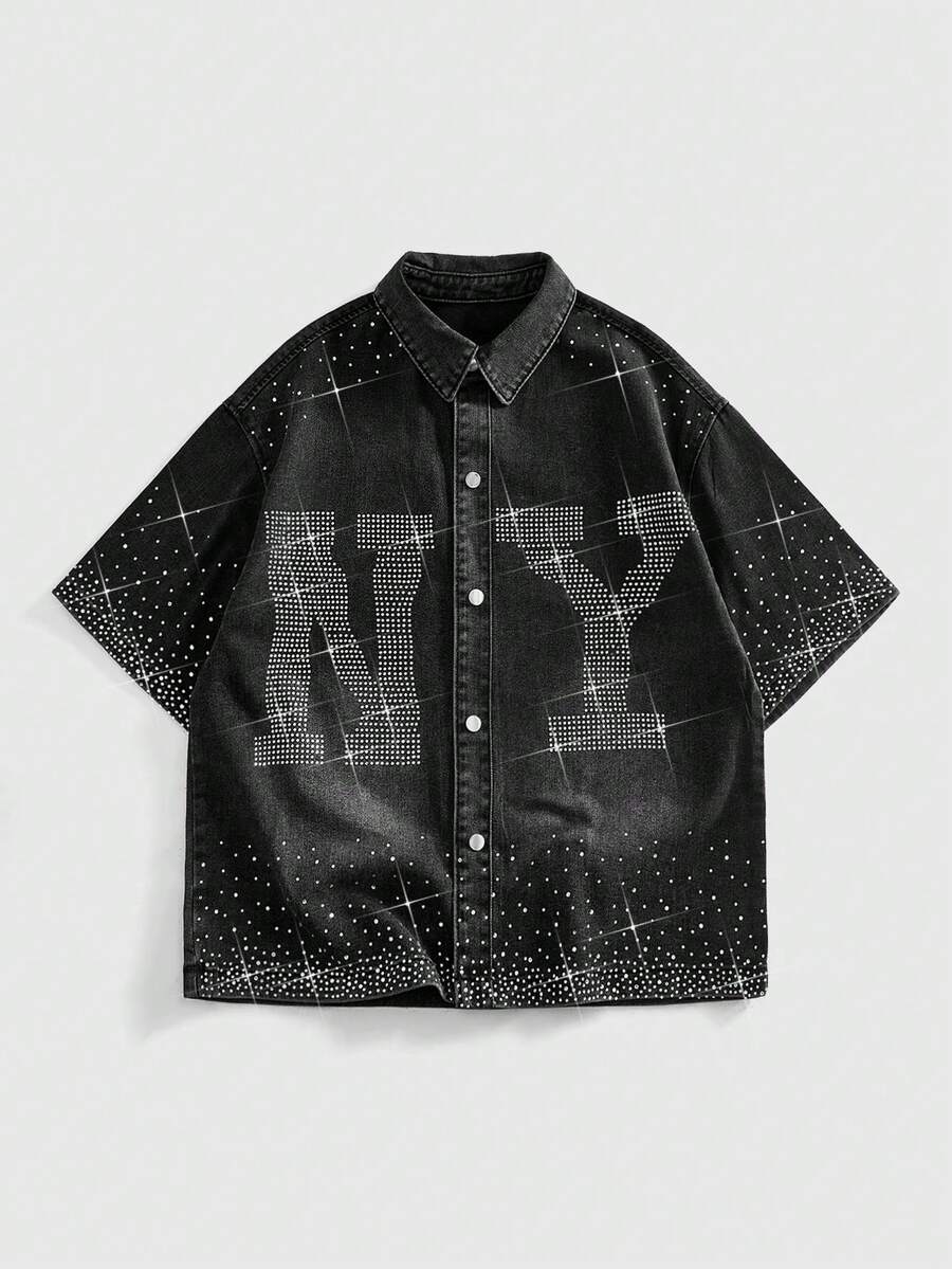 ROMWE MEN Street Life Men's Casual Fashion Street Letter Rhinestone Washed Short Sleeve Denim Shirt, Summer - Black - View 1