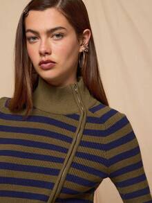 COUREZ Stripe High Neck Zip Front Knit Cardigan Top /Y2K Spring Clothes For Women Street Streetwear Cute Going Out Outfits Causal Knit Party Rave Knit Cardigan Summer Trousers Summer Outfits Funnel Neck Knit - Blue - View 7