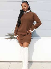 Steph T Women's Apricot Lace Trim Long Sleeve Dress - Brown - View 6