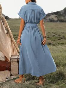 EMERY ROSE Women's V-Neck Button Detail Slit Dress Maxi Women Outfit - Dusty Blue - View 2