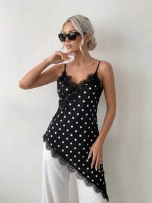 Ritzy Row 波点V领蕾丝边饰不规则开衩时尚性感女士吊带背心，适合夏季假期、夏季上衣、女士情人节、女士狂欢节服装、女士沙滩装、沙滩、派对上衣、优雅女士上衣、波点上衣、女士度假。 - 黑色 - 查看 2