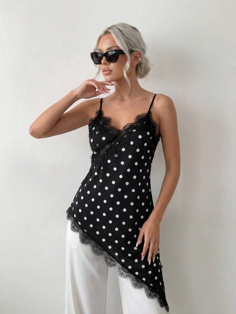 Ritzy Row 波点V领蕾丝边饰不规则开衩时尚性感女士吊带背心，适合夏季假期、夏季上衣、女士情人节、女士狂欢节服装、女士沙滩装、沙滩、派对上衣、优雅女士上衣、波点上衣、女士度假。