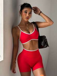 Dewbera 女士撞色滚边无袖舒适透气无缝瑜伽运动服套装 - 紅色 - 查看 8