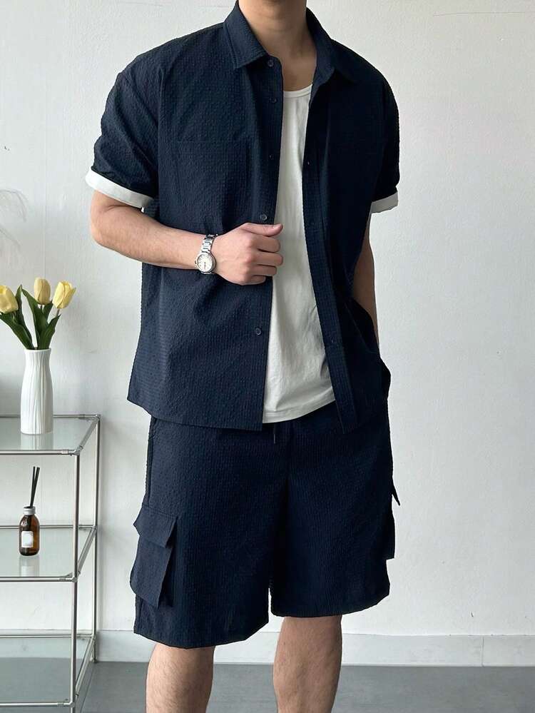 Navy Blue Men's Short Sleeve Shirt And Shorts Set, Summer
