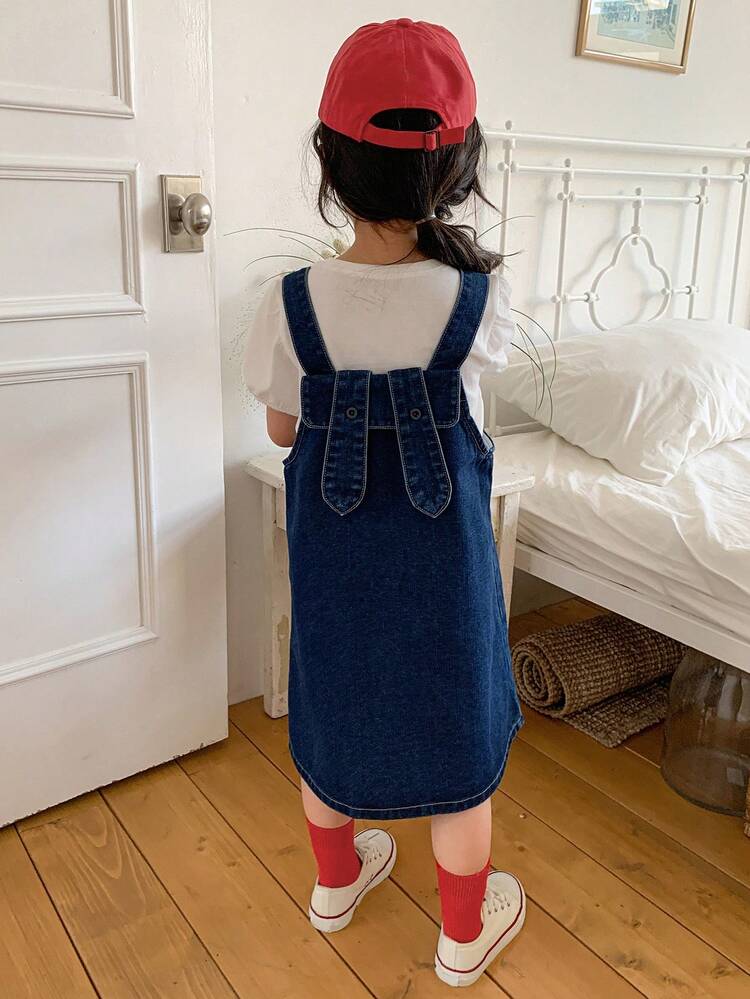 Young Girl Casual Versatile Denim Strap Dress, Suitable For Vacation And Daily Wear