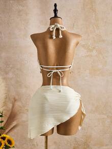 Bellisia Bộ đồ bơi tankini hai dây màu be thời trang dành cho nữ, họa tiết sóng biển, trang trí vỏ sò và sao, thích hợp cho mùa xuân/hè/thu. - Màu be - Xem 2